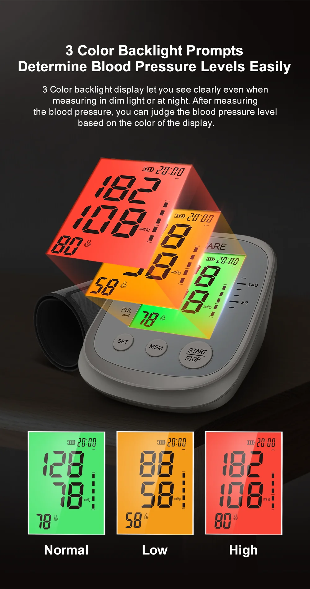 Englische Stimme Oberarm Automatische Blutdruckmessgerät Hochpräzise BP-Monitore Hintergrundbeleuchtete LED 3 Farben Digitales Blutdruckmessgerät – Detail 7