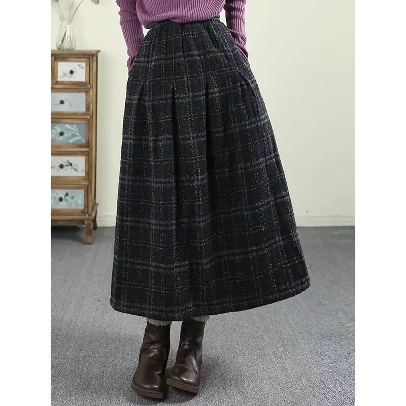 

2024 New Arrival Autumn/winter Women Loose Casual Plaid Print A-line Skirt Arts Style Elastic Waist Mid-calf Woolen Skirts