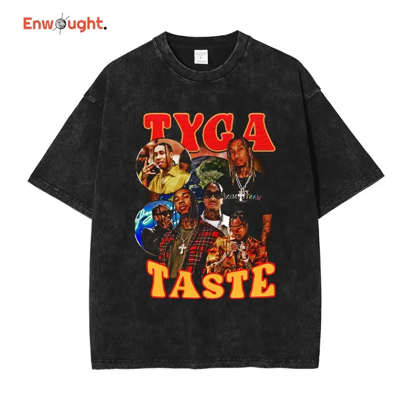 2023 Tyga T Shirt Hip Hop Rapper Stevenson Rock Vintage Washed Tops Tees Oversized T-shirt Harajuku Short Sleeve Men 100% Cotton