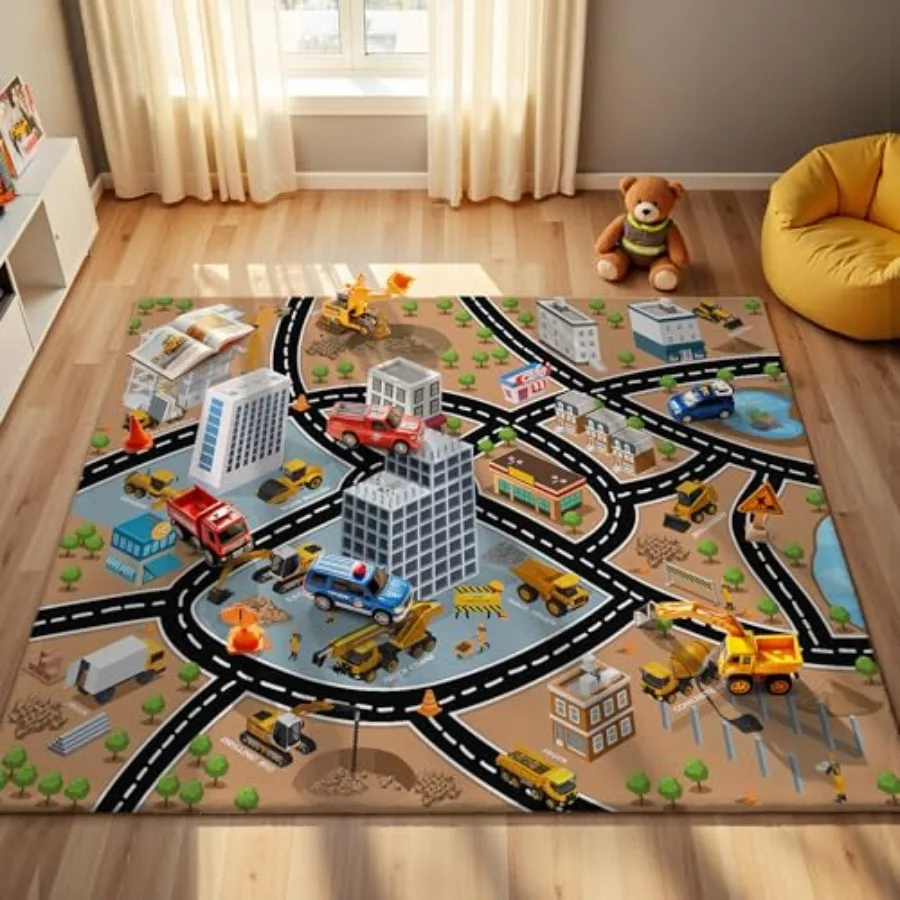 

Construction Site Vehicles Play Rug - 5x7ft Carpet with Interactive Road Map Design, Non-Slip Faux Wool Gray Educational Rug fo