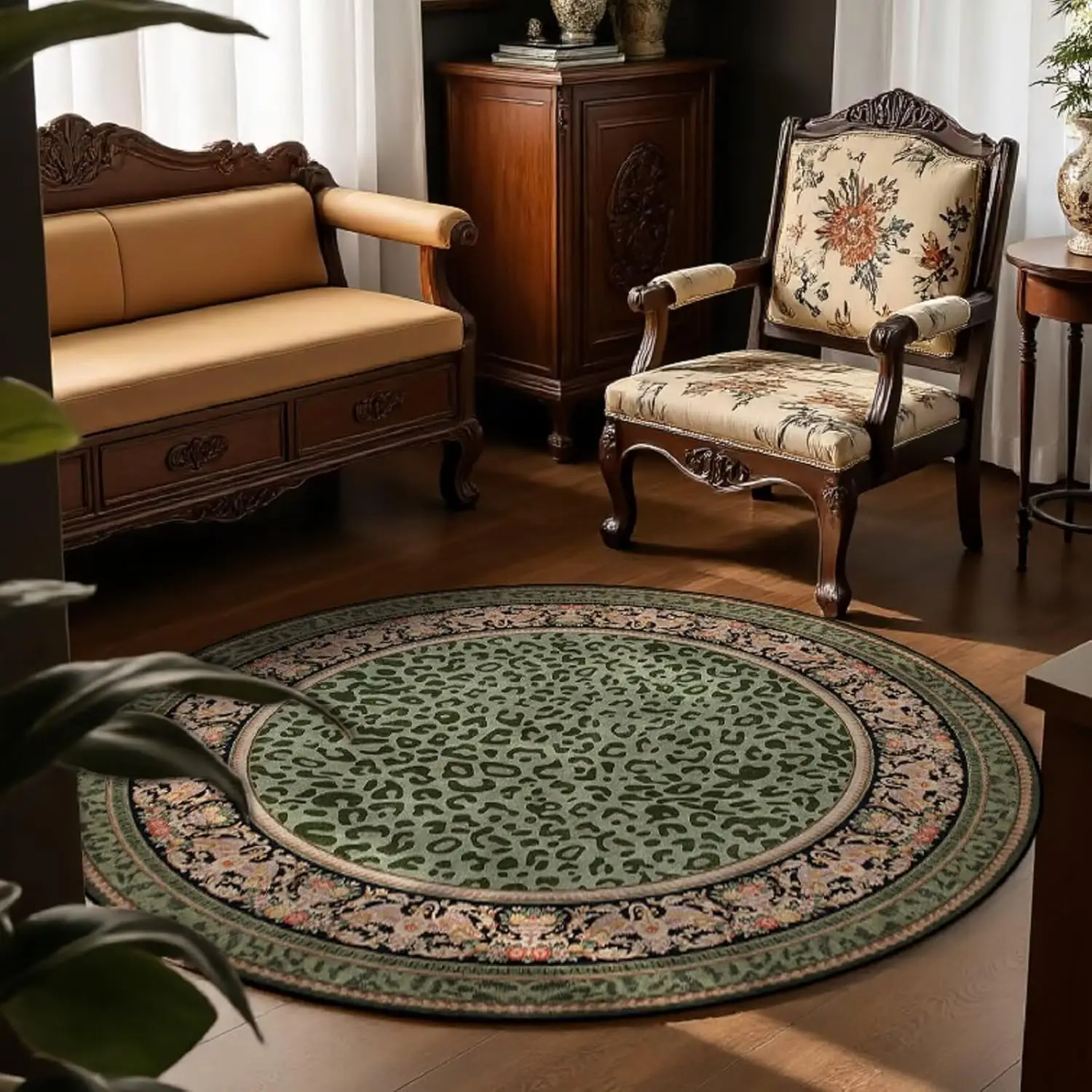 Green Leopard Print Round Rug Ornate Border for Bold Vintage Inspired Living Area