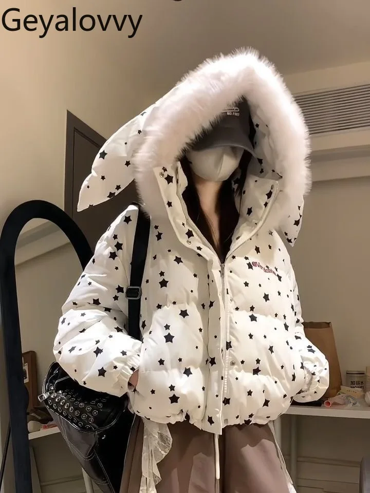 

Корейский дизайн, хлопковая куртка с кроличьими ушками и капюшоном с меховым воротником для женщин, новая зимняя милая теплая универсальная короткая куртка-пуховик