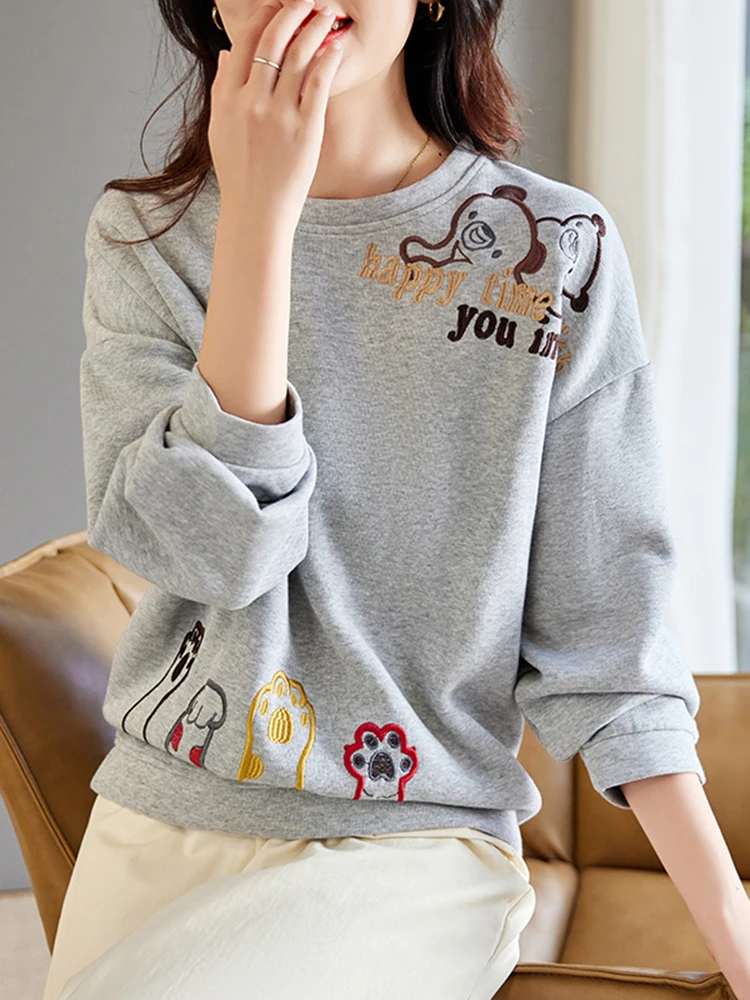 Loose Casual Embroidered Sweatshirts Women Winter Long Sleeve Grey Pullovers O-Neck Korean Fashion Autumn Winter Tops Pulls Girl