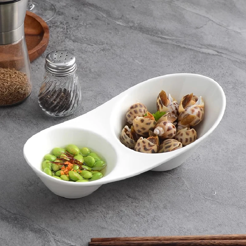 

Pure White Ceramic Two-dish Hot Pot Dip Dish Vinegar Dish Hotel Restaurant Divided Snack Snack Bowl Cold Dish Bowl Tableware