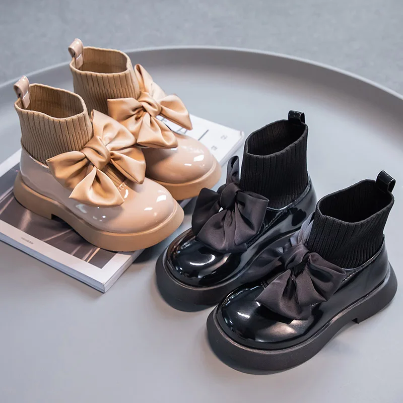 

Girls Black Non-slip Kids Fashion Bow Elegant 2026 Glossy UK Uniform Child School Shoes Simple Casual Sock Boots Breathable