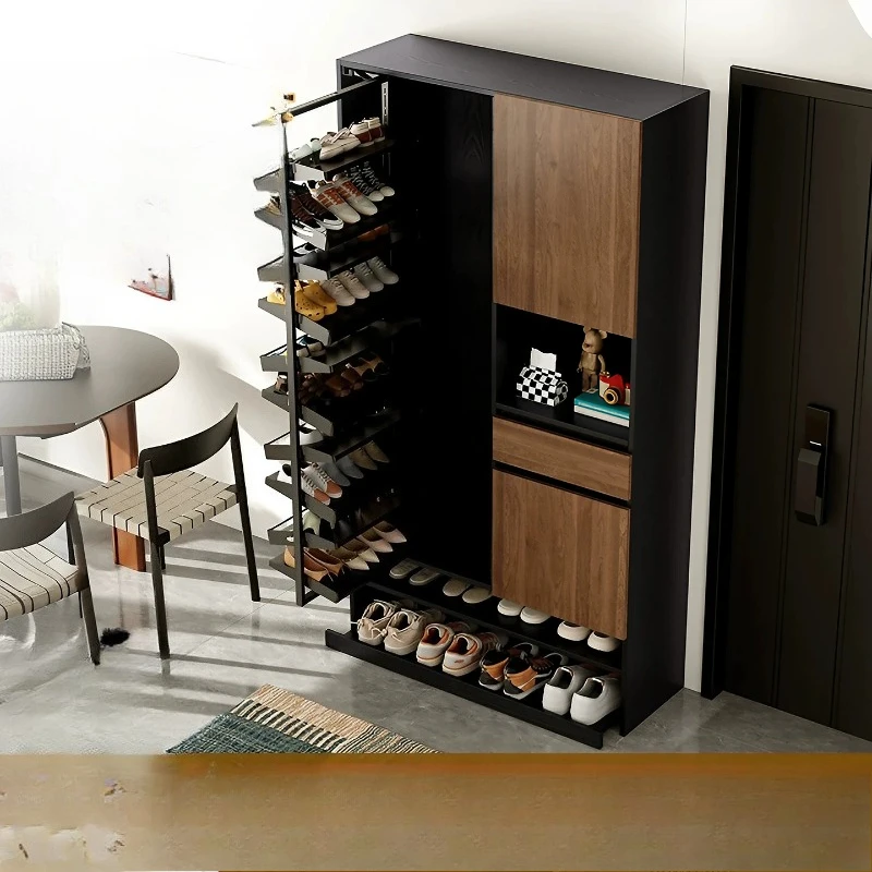 Home solid wood with door shoe cabinet built-in rotating shoe rack, large-capacity multi-layer integrated wall storage cabinet