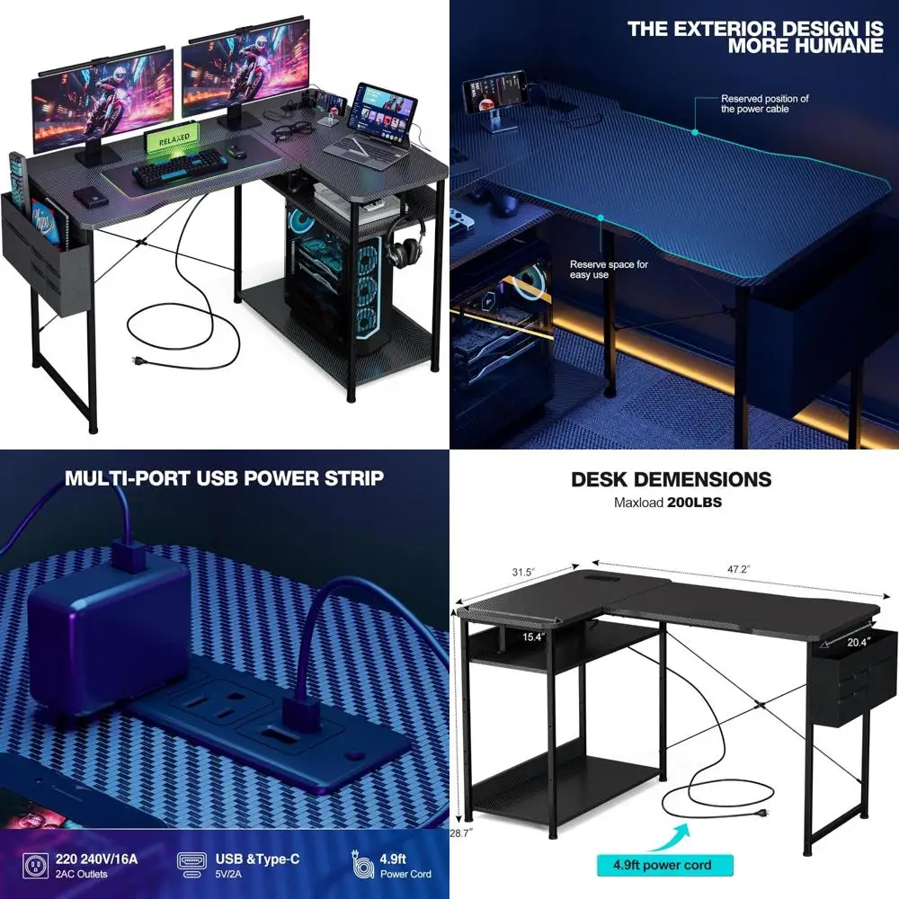 L-Shaped 48 Inch Gaming Desk with Power Outlets, Reversible Shelves, Storage Bag, Corner PC Desk for Computer