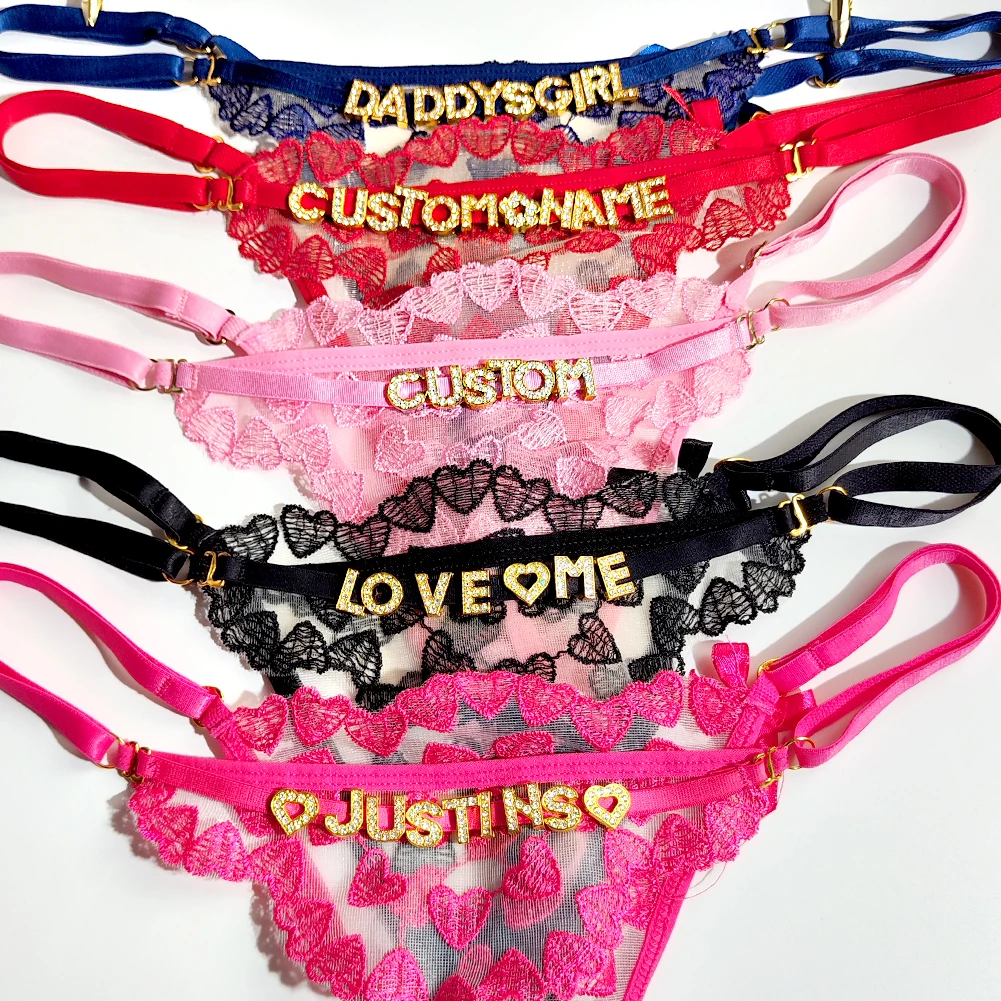 Custom Name String Thongs See Through Heart Embroidery T-back Panties Tanga With Names Personalized Bikini Women Underwear