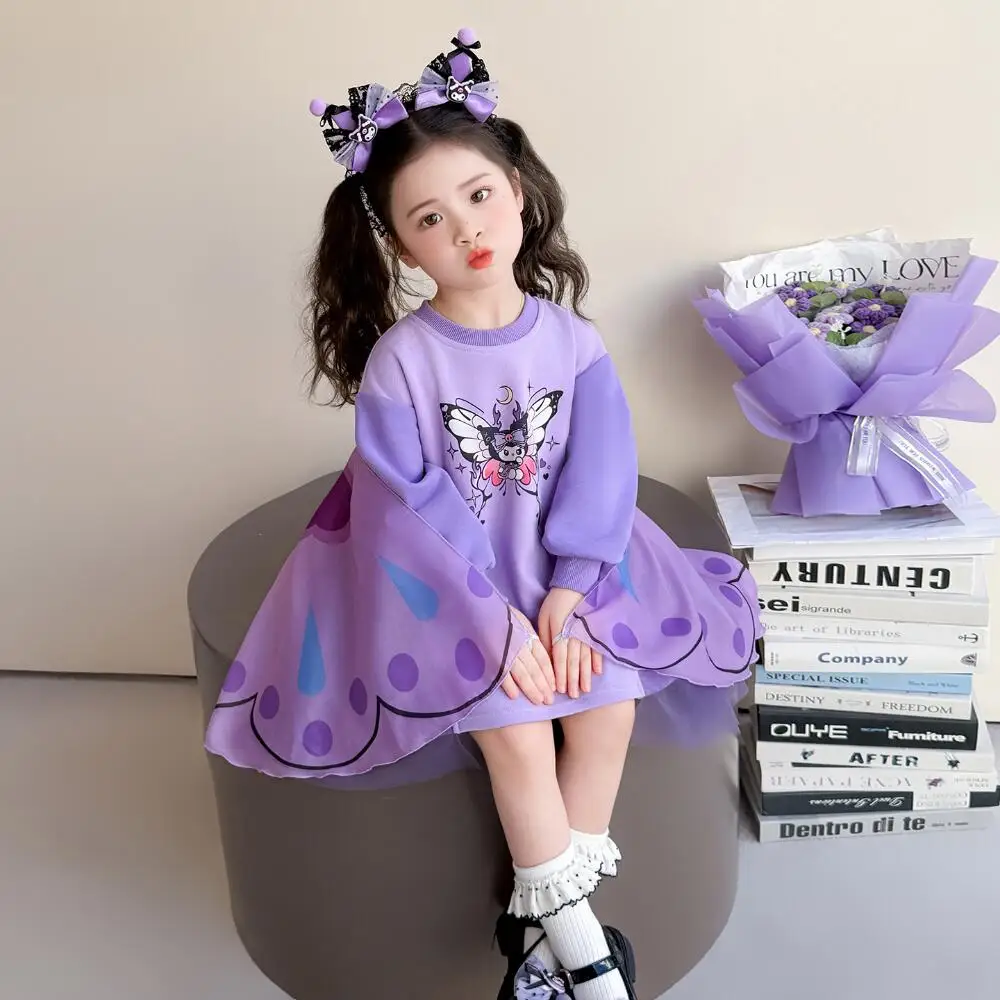 

Платье Sanrio Kuromi для девочек, весна 2026, новый стиль, пуловер, модное детское платье принцессы с крыльями бабочки, из фатина, милое