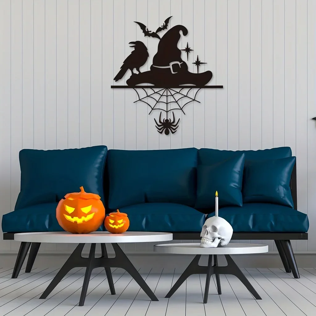 HELLOYOUNG  Halloween Witch Hat Metal Home Decor Spider Web Bat Crow Sign Wall Mounted Art Halloween Day of The Dead Home Party