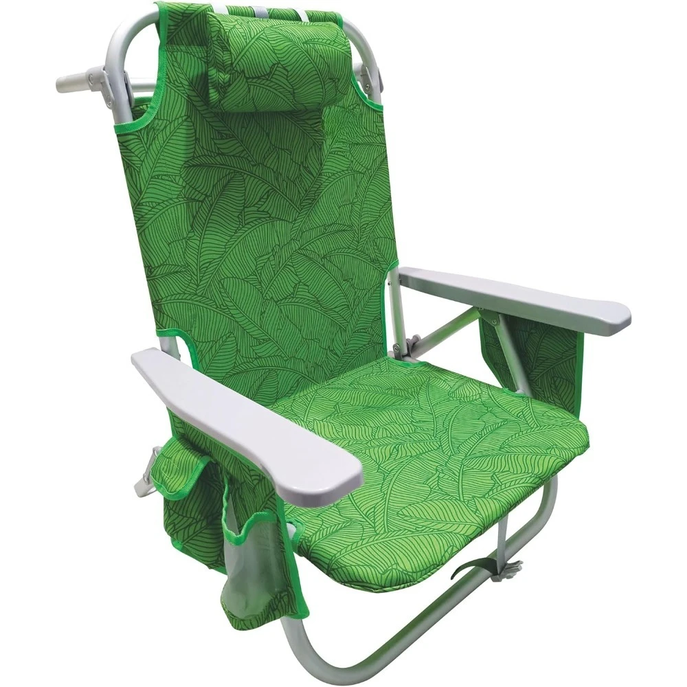 

Folding Beach Chair, 5 Reclining Positions, Detachable Cooler Bag, Green Banana Leaves
