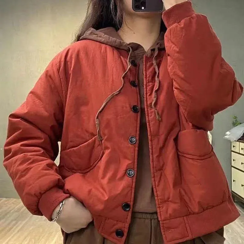 جيوب غير رسمية ملابس خارجية من القطن الناعم سترة فضفاضة للخريف والشتاء للنساء من الكتان الدافئ معطف بصدر واحد أدبي #4