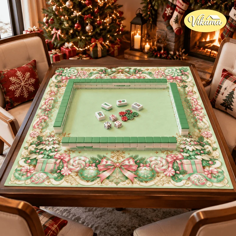 Christmas Green Tree Mahjong Mat Non Slip Foldable Table Cover for Dining Room Family Game Night Holiday Gift