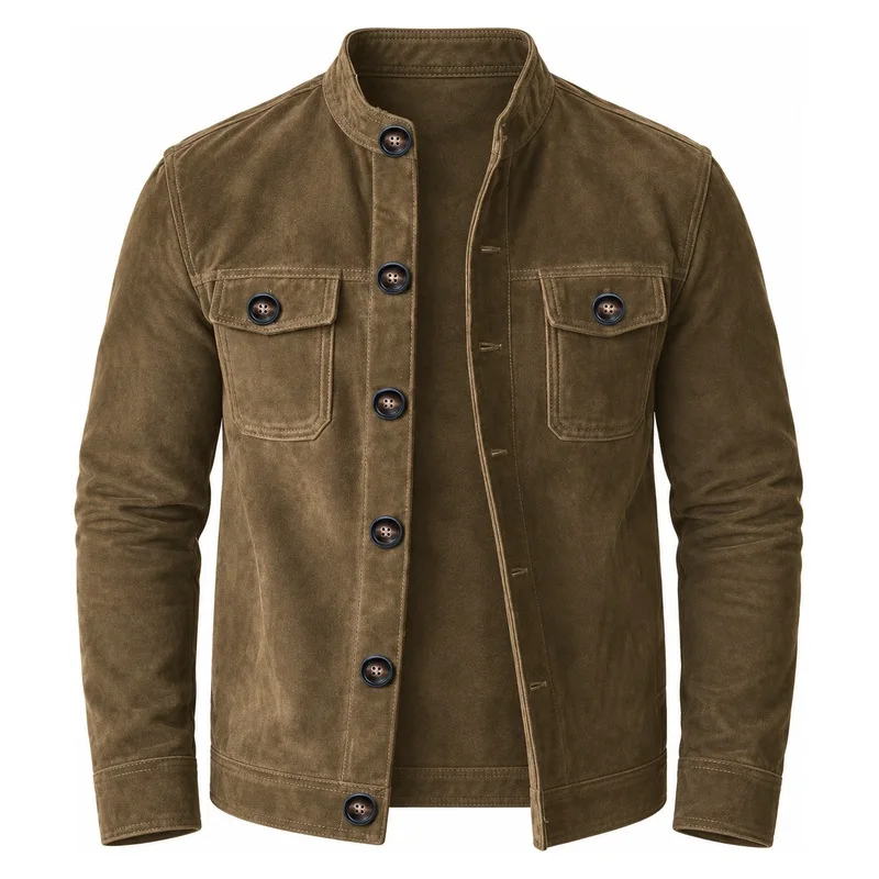 Men's Faux Suede Jacket Vintage Stand Collar Button Up Coat Long Sleeve Flap Pockets Casual Spring Autumn Outerwear