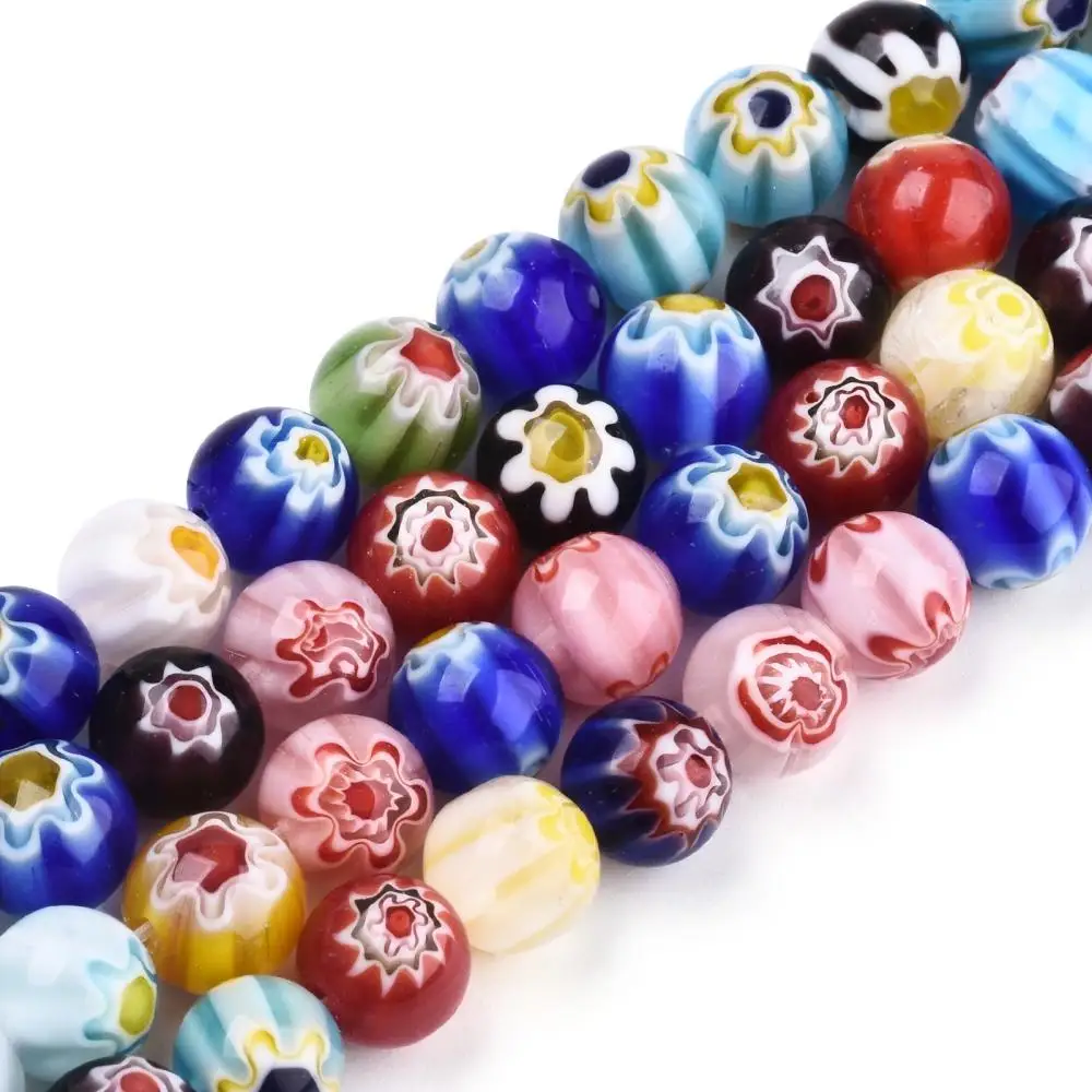 Handmade Millefiori Glass Round Bead Strands Mixed Color 8mm Hole: 1mm 48pcs/strand 14 inch