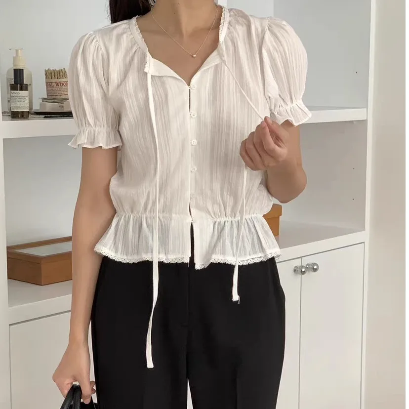 

Women's Shirt 2025 Spring Summer New Style Casual Fashionable Bubble Sleeve Short Length Belted Top Trendy Commute Style Pure...
