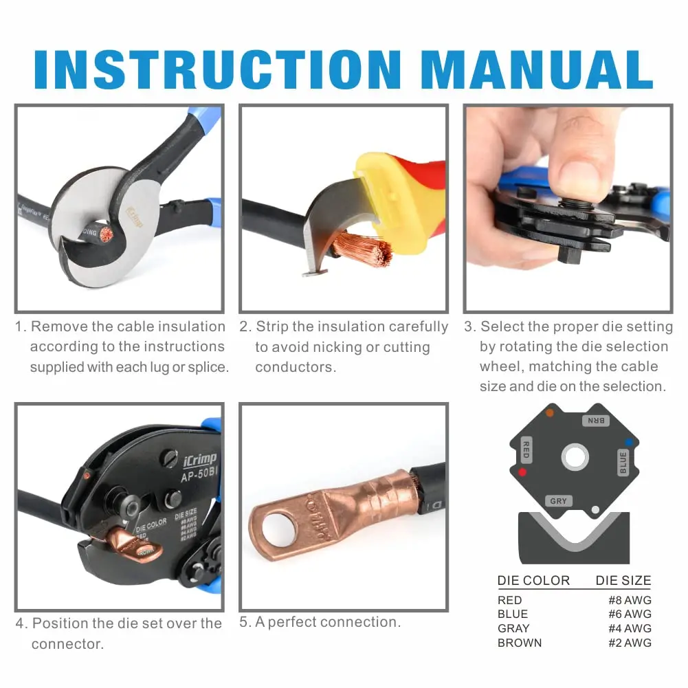 JH AP-50BI كابل البطارية الطرفية المكشكش ل 8، 6، 4، 2AWG عروات الكابلات النحاسية، عروات الأسلاك الثقيلة وكابل البطارية E #6