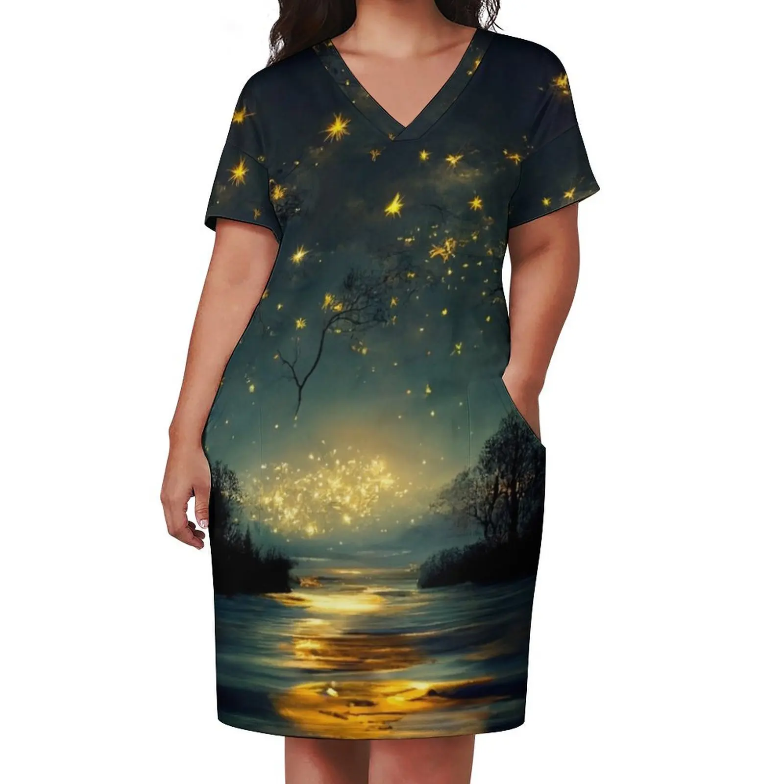 Beautiful twinkling stars in a big sky over a tree lined lake. Loose Pocket Dress women's clothing korea stylish