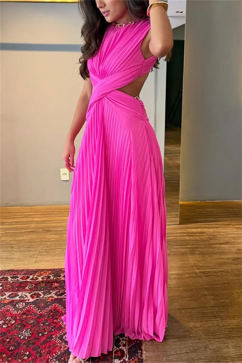 Hot Pink Prom Dress Sexy Sleeveless Backless Ruffles Party Gown Casual Holiday Beach Formal Wedding Guest Birthday Evening Robe