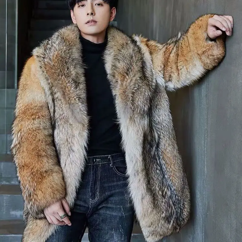 Winter New Men's Long Wolf Fur Grass Coat Body Mink Overcoat Handsome Trend Loose Keep Warm Clothes Male Singer Stage Costumes