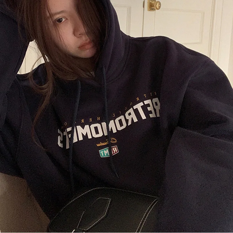 Letter Printing Fleece Hooded Sweater Women's Spring and Autumn Korean Version Loose Coat Top Women