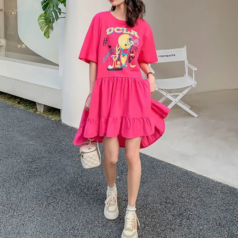 Summer Short Sleeve Oversized Ladies Printing Dresses 2024 New O-neck Irregular Pullovers A-line Skirt Trend Women\'s Clothing