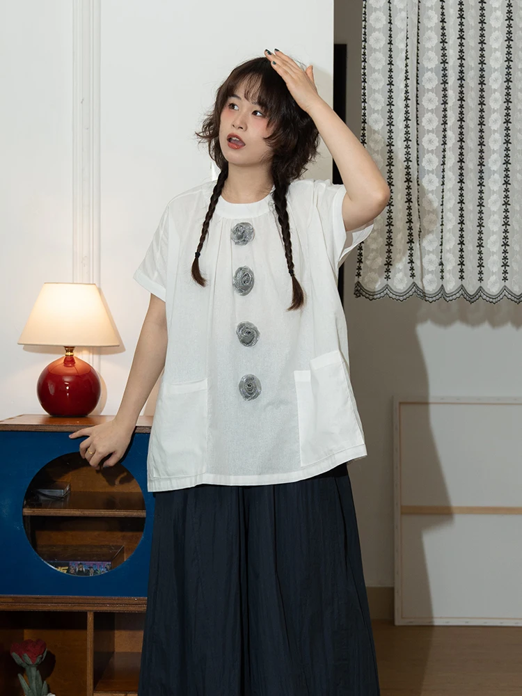 

Pure Color Breathable round Ne ort Sve irt with Large ket Summer Casual Sle Women's Faion Commute Wind irt