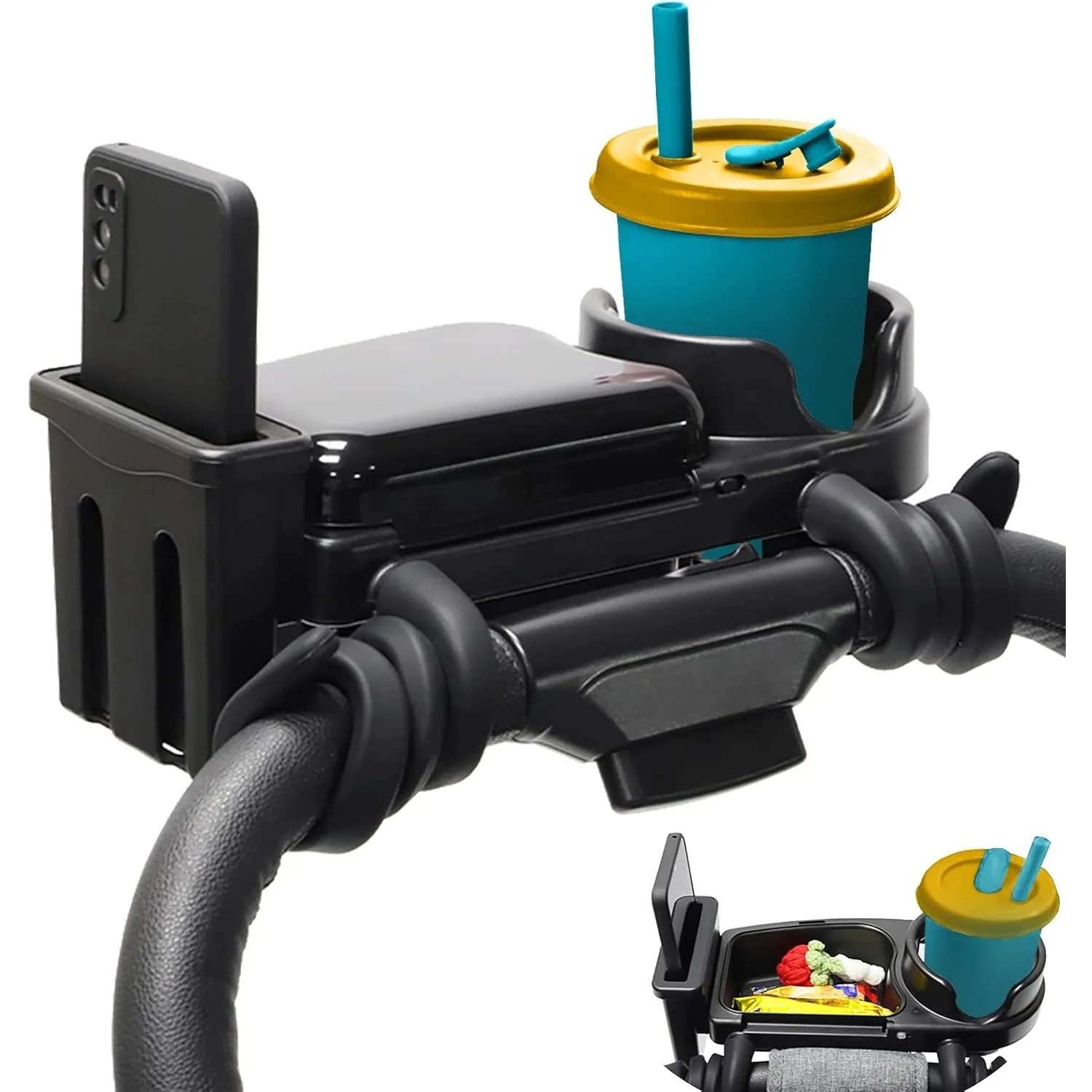 

Universal Stroller Snack Tray 3 in 1 Stroller Cup Holder with Phone Holder Flexible Arms Grip Stroller Tray Attachment Organizer