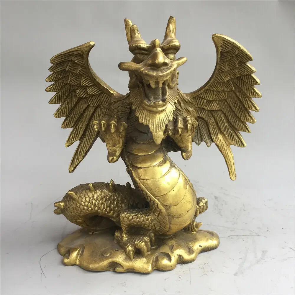 

6" Chinese old antique bronze brass auspicious dragon Fengshui ornaments statue