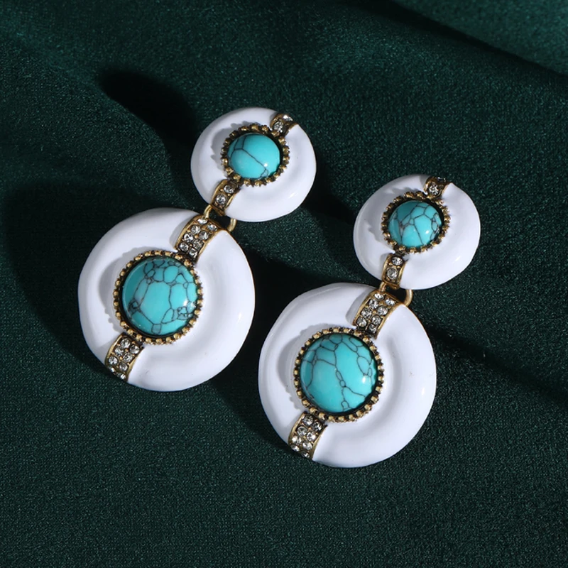 

Vintage Turquoise Drop Earrings White Oil Drip Chessboard For Women Unique Fashion Designer New 2025 Trend Party Form Daily Gift