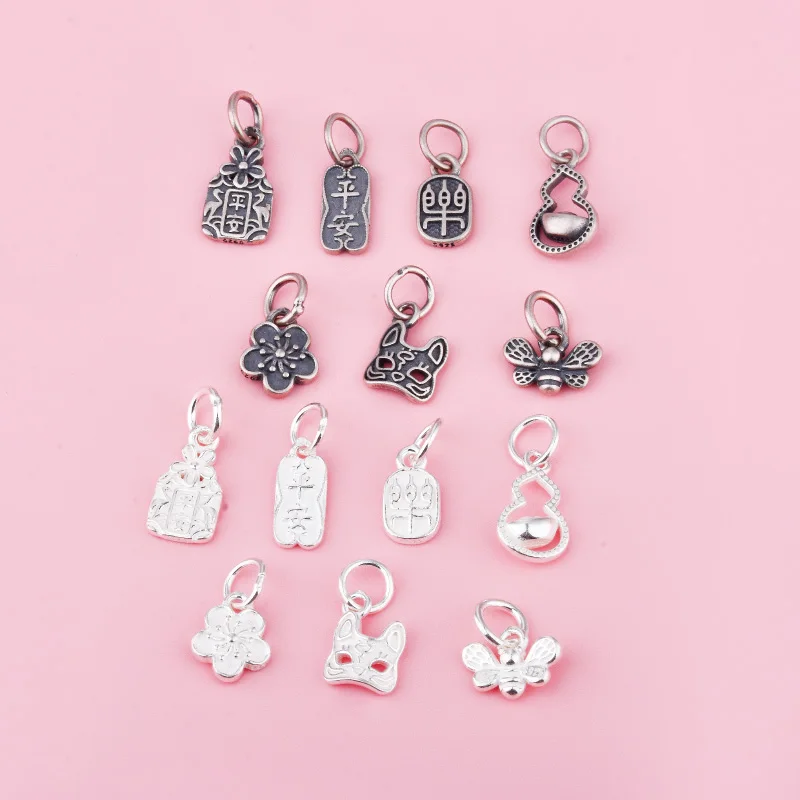 S925 Sterling Silver Cat Face with Fox Bee Ping An Gourd Ingot Peach Blossom Pendant diy beaded accessories