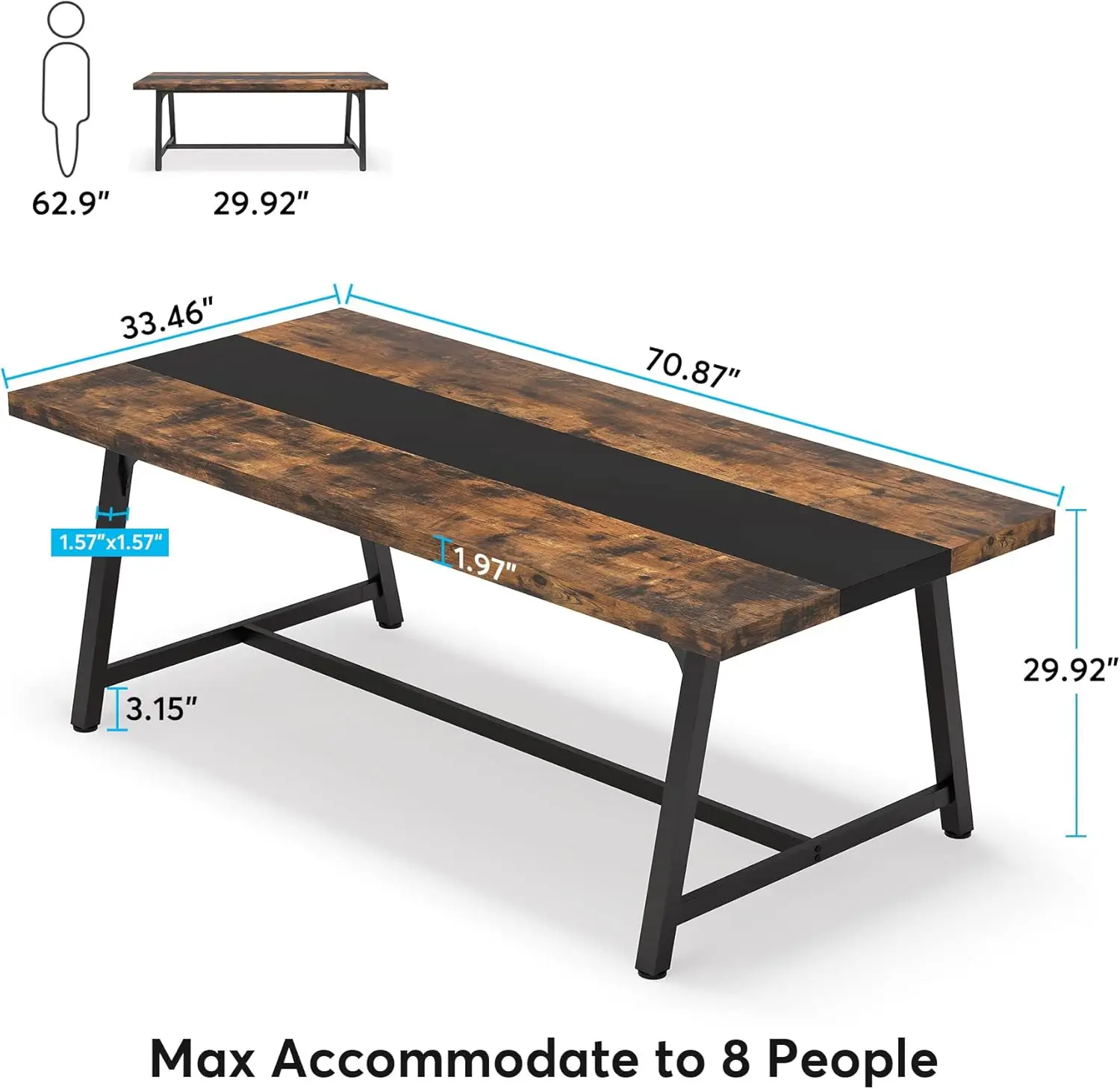 Dining Table for 8 People, 70.87-inch Rectangular Wood Kitchen Table with Strong Metal Frame, Industrial Large Long