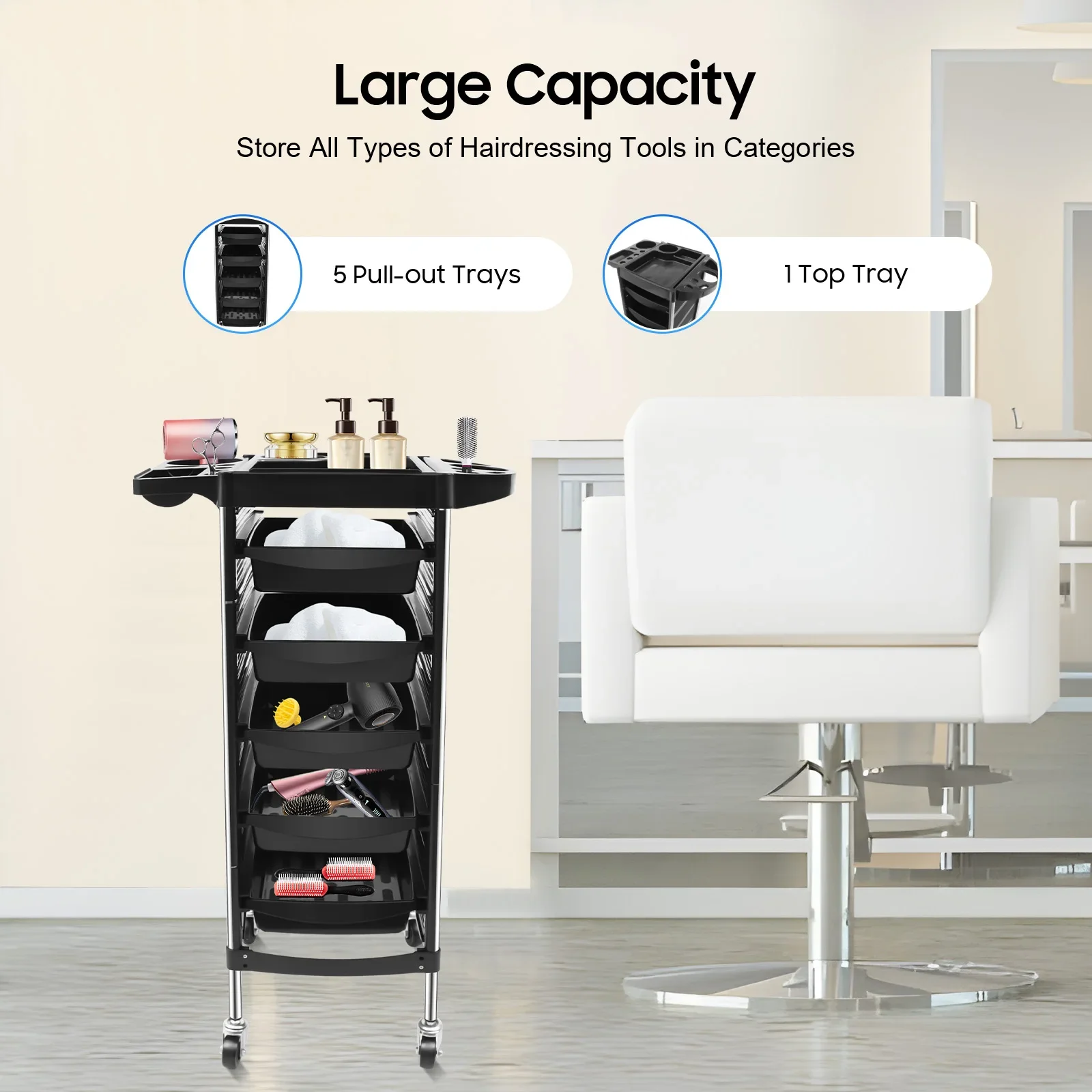 5-stufiger Salonwagen mit großer Kapazität für die Friseursalonstation, platzsparender rollender Schönheitswagen für zusätzliche Aufbewahrung,