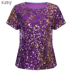 Womens Sequins Tank Tops Short Sleeve Round Neck Shirt Clubwear Performance Costume for Cocktail Party Music Festival Nightclub