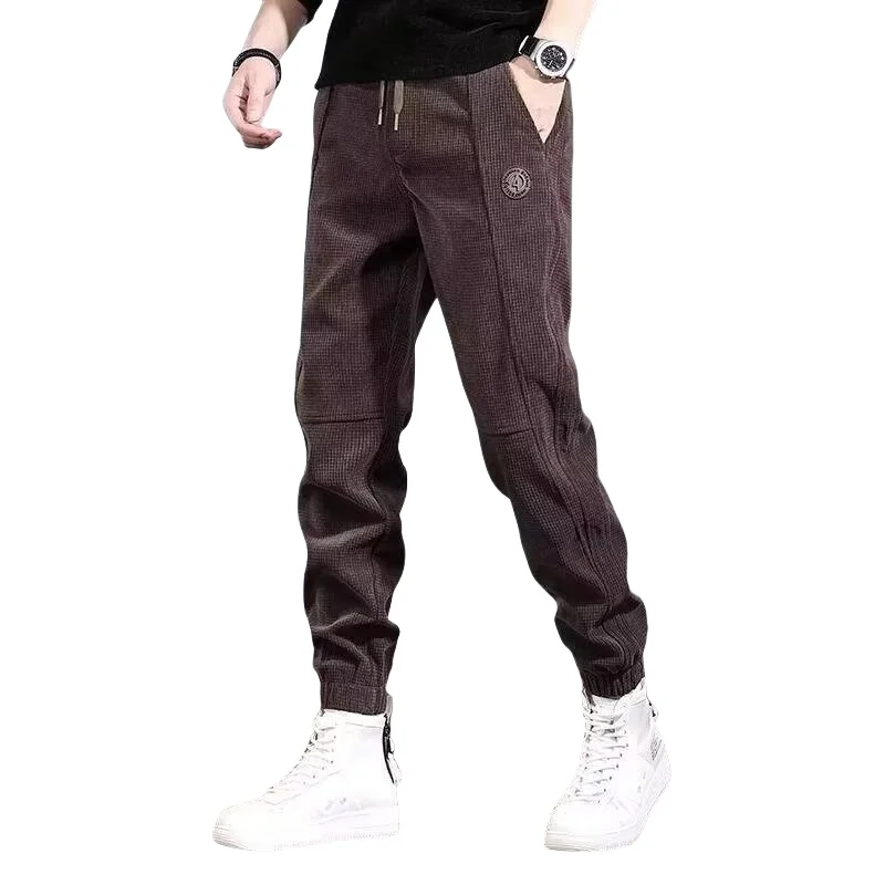 Brown Casual Pants For Men, Trendy Brand Loose Leggings Corduroy Spring And Autumn New Youth Plaid Pants For Men Mens Clothing