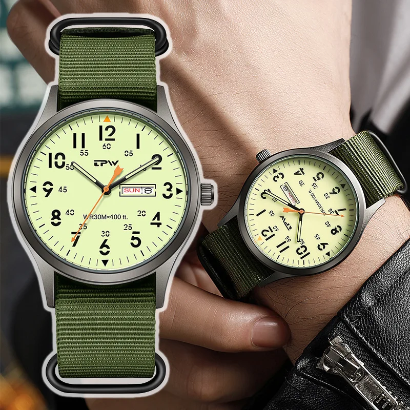 Новые армейские зеленые военные кварцевые часы 2025 года для мужчин, водостойкий нейлоновый ремешок, двойной календарь, светящиеся спортивные наручные часы на открытом воздухе Новые армейские зеленые военные кварцевые часы 2025 года для мужчин, водостойкий нейлоновый ремешок, двойной календарь, светящиеся спортивные наручные часы на открытом воздухе