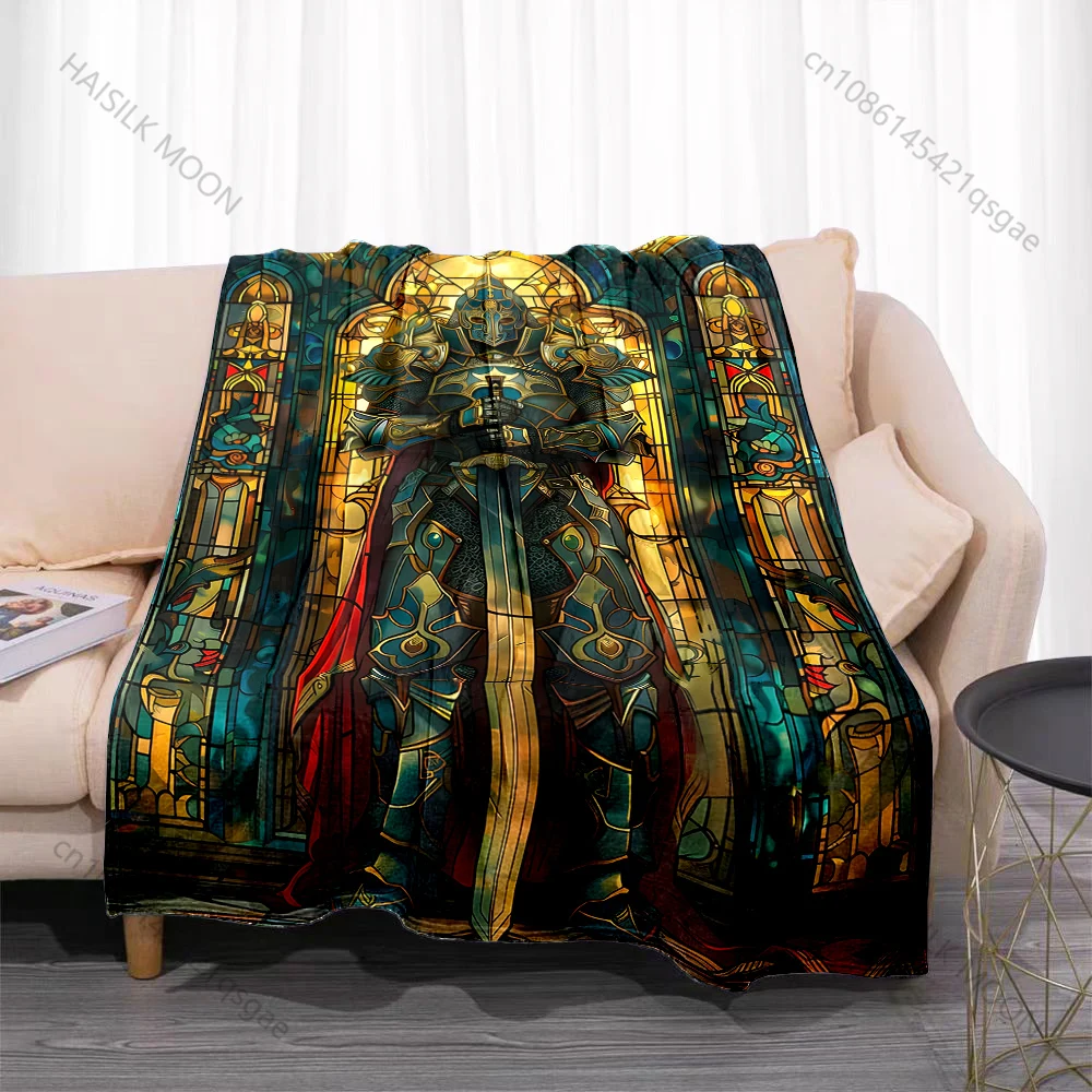 Multiple sizes Knight guarding sword stained glass print blanket adult children warm for home travel soft comfortable blanket
