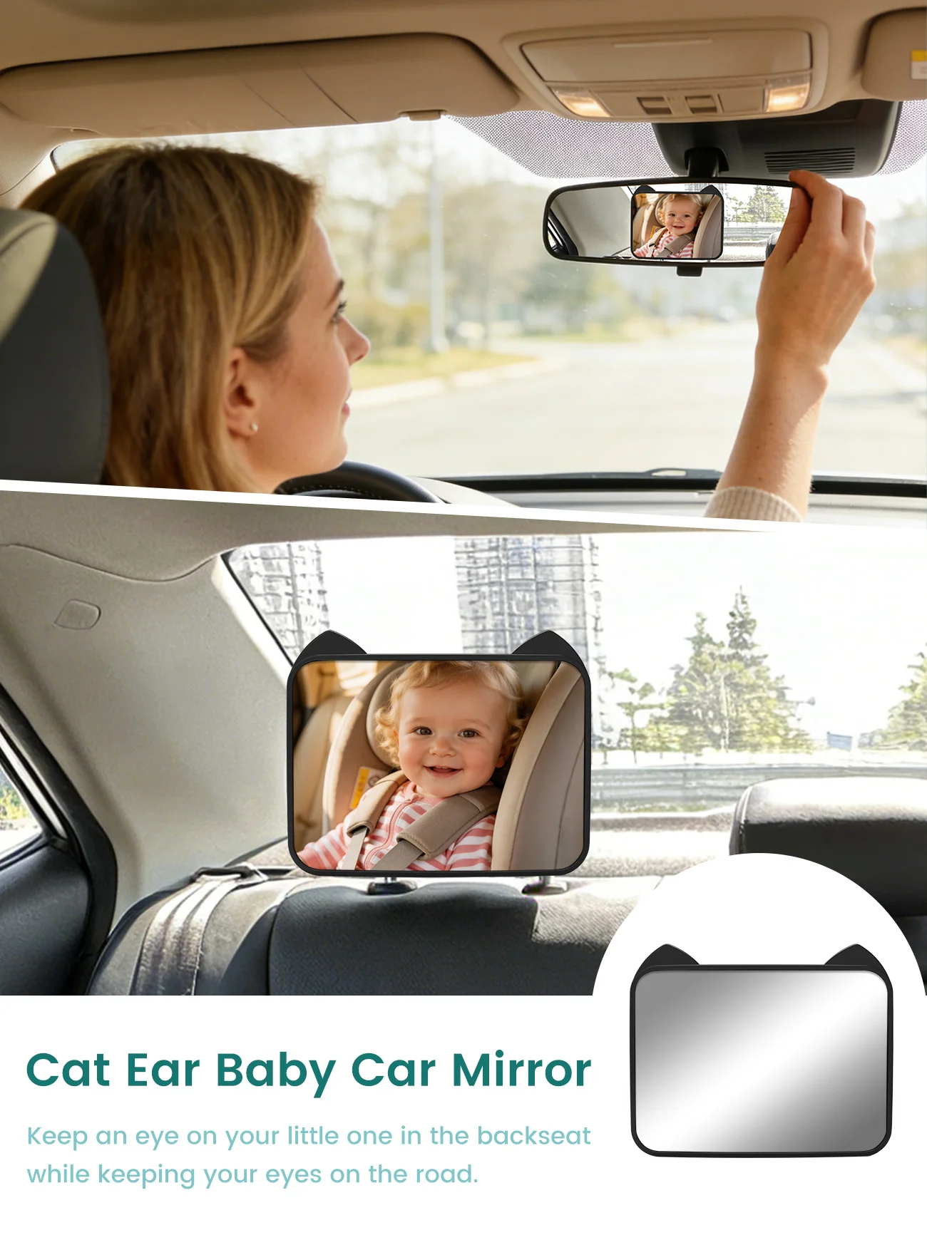 Cute Cat Ear Baby Car Mirror Easy Installation Back Seat Rear Facing Infant Safety Mirror For Cars