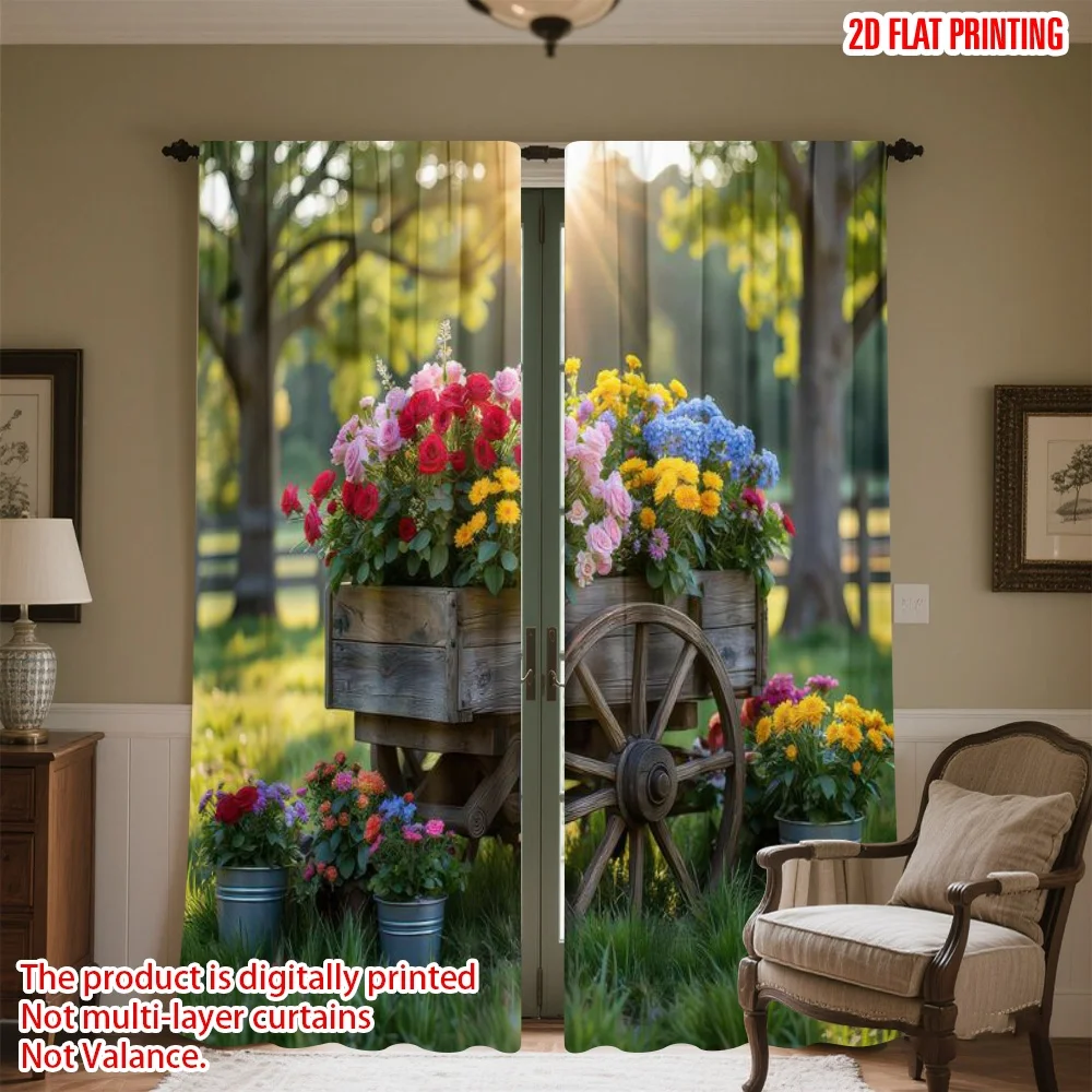 

2D flat printing 2pcs Window Curtains Spring Floral Cart Display Digital Printed Polyester Drapes Seasonal Party & Holiday Decor