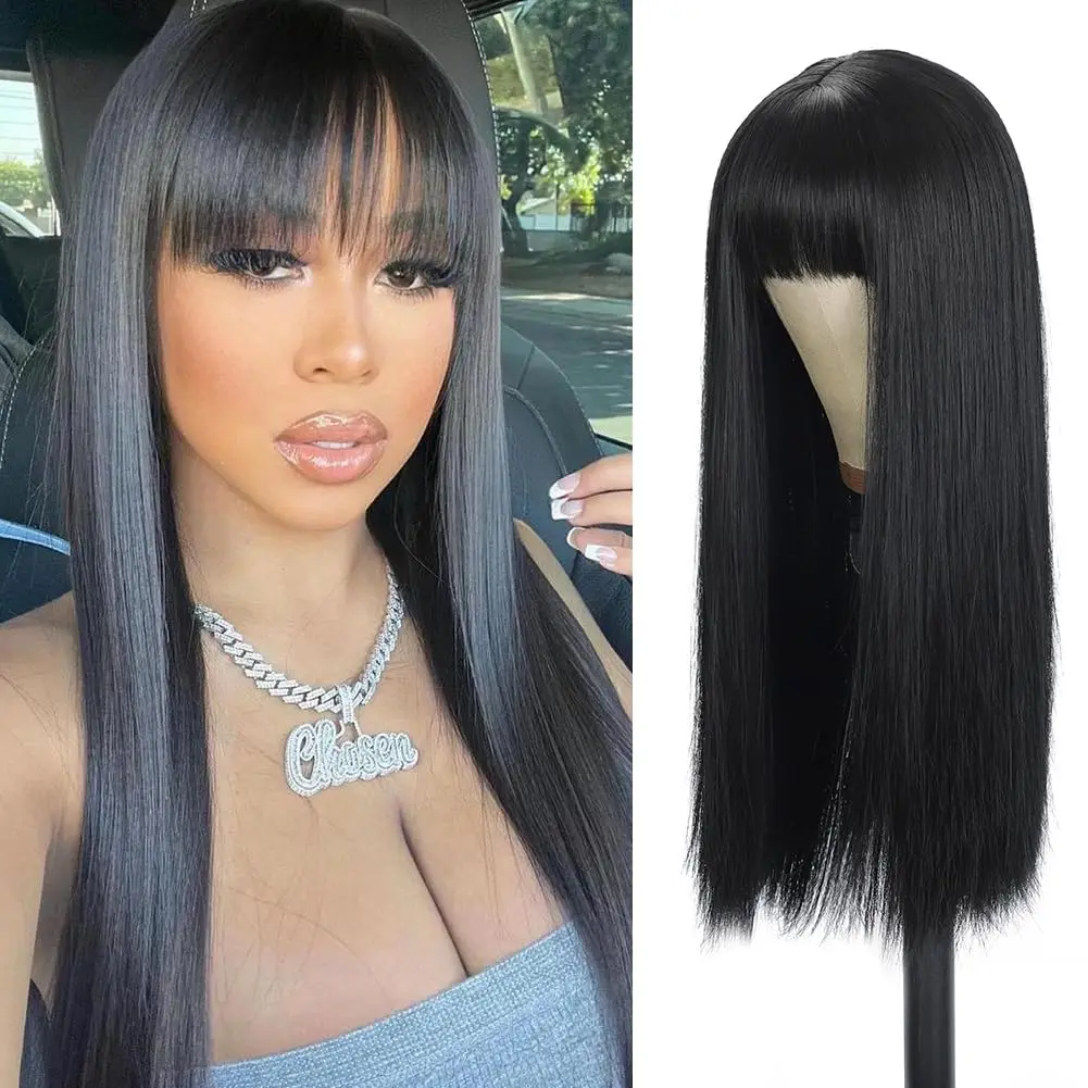 

Black synthetic wig with long straight hair - Halloween cosplay wig - Daily party wig - High-temperature hair silk wig set
