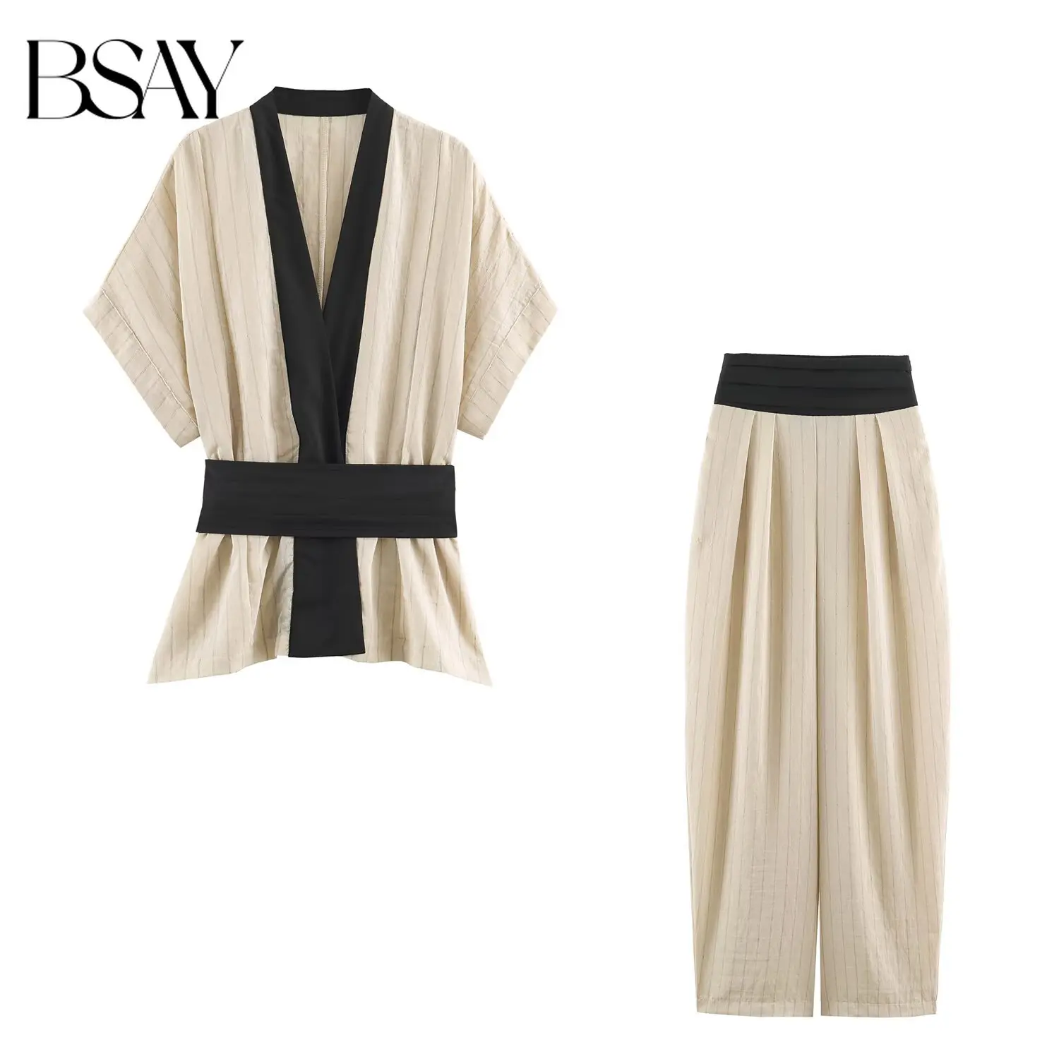 BSAY 2026 Herbst Damen Gestreiftes Wickeloberteil mit breitem Gürtel und hochtaillierter Hose, 2-teiliges Set, Alltagsoutfit im Casual-Look.