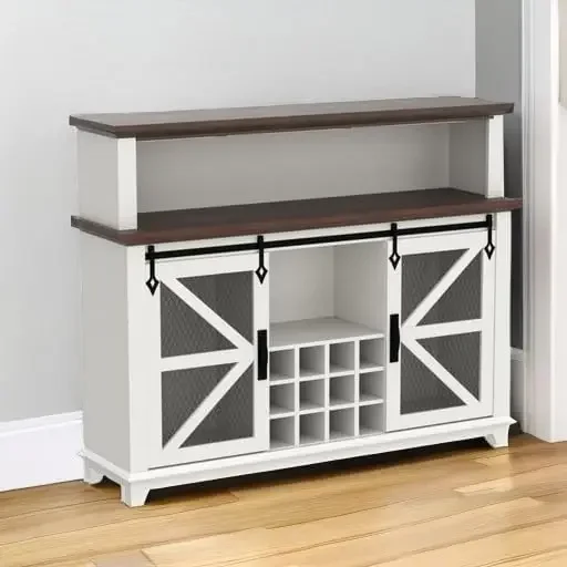 OKD-Farmhouse Coffee Bar Cabinet com luzes LED, vinho e vidro Rack, Buffet de cozinha com porta de celeiro deslizante, 55"