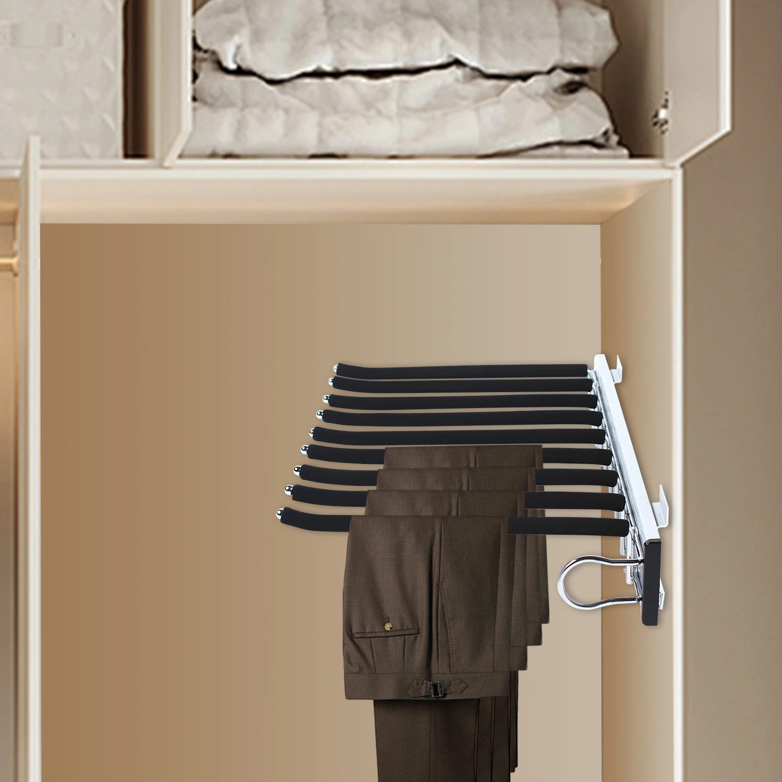 

Черная выдвижная вешалка для брюк в гардеробе, однорядная вешалка для брюк, выдвижная вешалка для брюк с 9-мя подлокотниками, установка с правой стороны