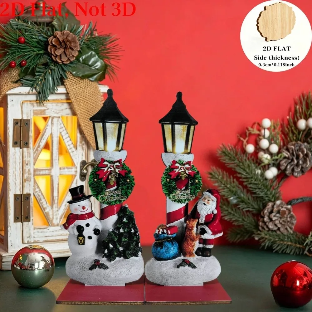 2Pcs 2D Flat Santa Wooden Tabletop Ornament Snow Scene Vintage Street-lamp Snowman Xmas Decor Wreath Stable Base