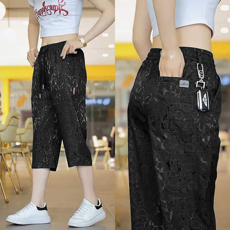 New 2026 Men's Ice Silk Embroidered Seven-Foot Pants Summer Thin Casual Straight Leg Shorts Loose Breathable Fashionable