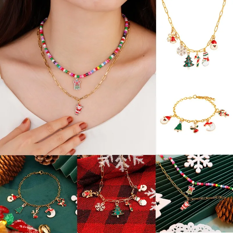 

Christmas Gift Sets With Enamel Christmas Tree Santa Claus Elk Bracelet Necklace Gift For Women Sweet Colorful Beaded Jewelry