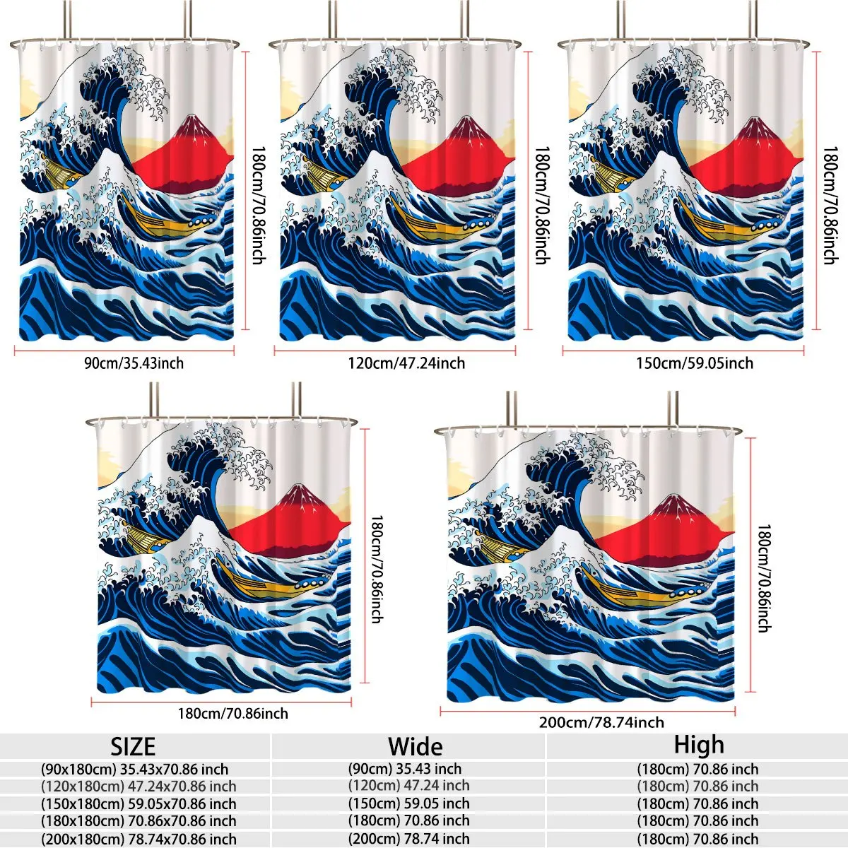 Vintage Japanese Fine Art Illustration Dramatic Rolling Blue Sea Waves Fishing Vessels And Bright Red Mount Fuji Background