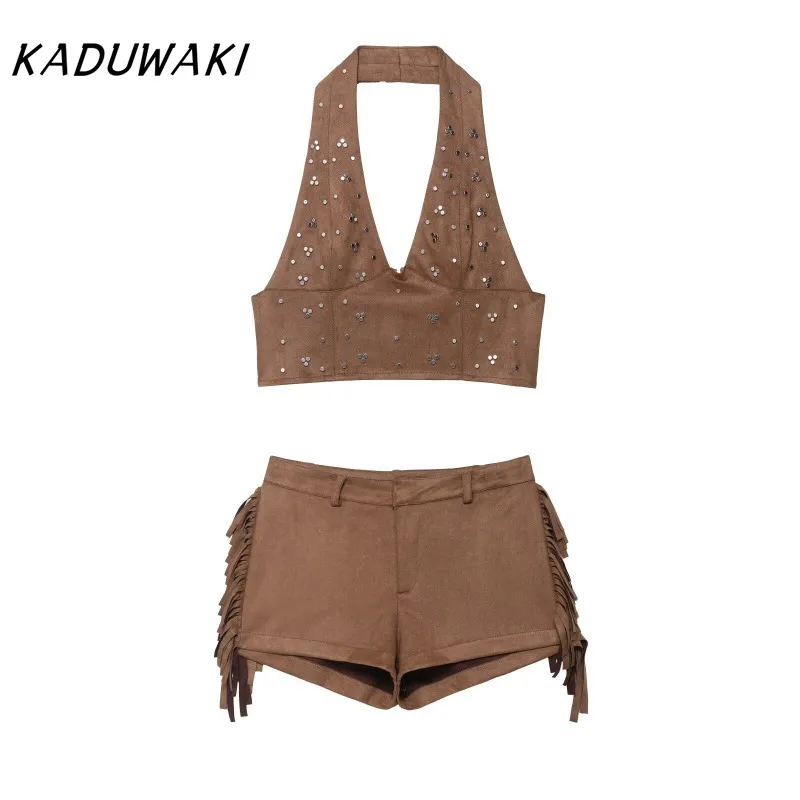 

KADUWAKI Y2k Women Rivet Suede Lace Up Halter Top Tassel Shorts Suits Sexy Crop Female Vest Top Shorts 2 Pieces Set Street Lady