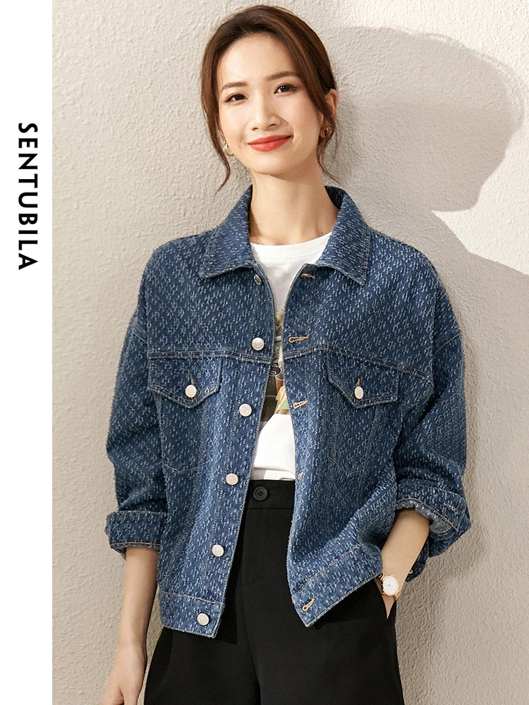 SENTUBILA Jacquard Denim Jackets Women Spring Casual Turn-down Collar Long Sleeve Coats Fashion Loose Female Outerwear W31W45765