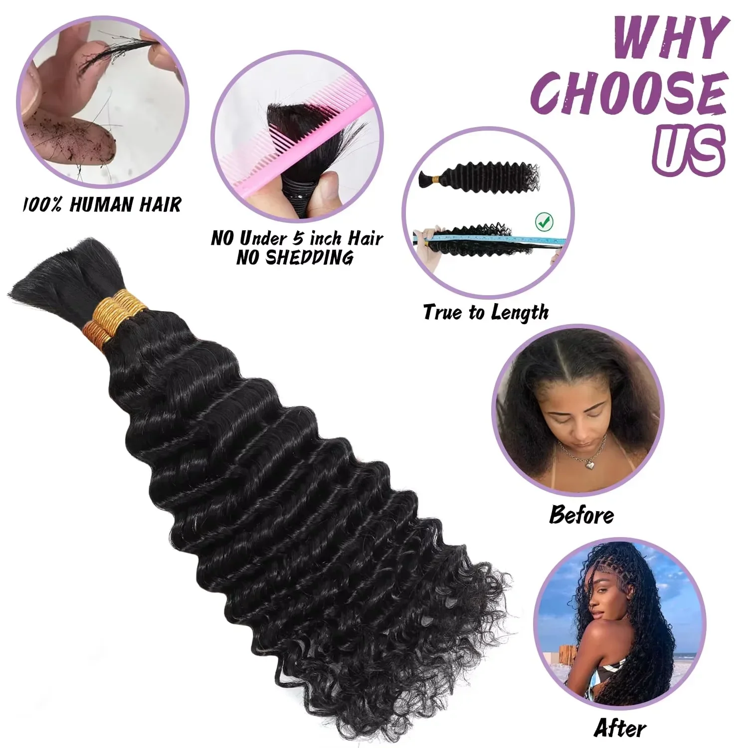 Extensiones de cabello trenzado de cabello humano rizado con ondas profundas de agua de 40 pulgadas para trenzas bohemias 3/4 mechones de cabello humano Afro rizado a granel